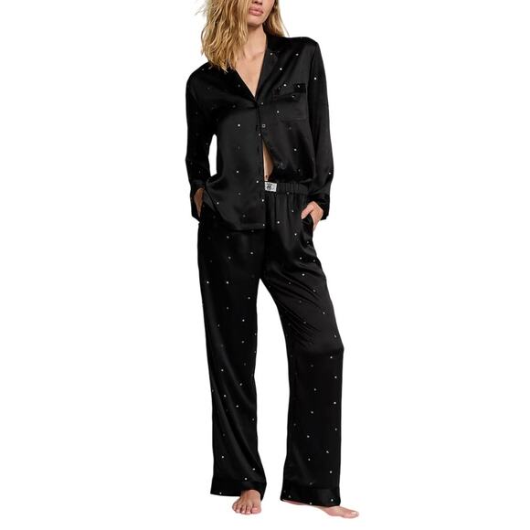 Victorias Secret Dew Drop Satin Lounge Pants Black Rhinestone Y2K PJs Womens L - Picture 1 of 12